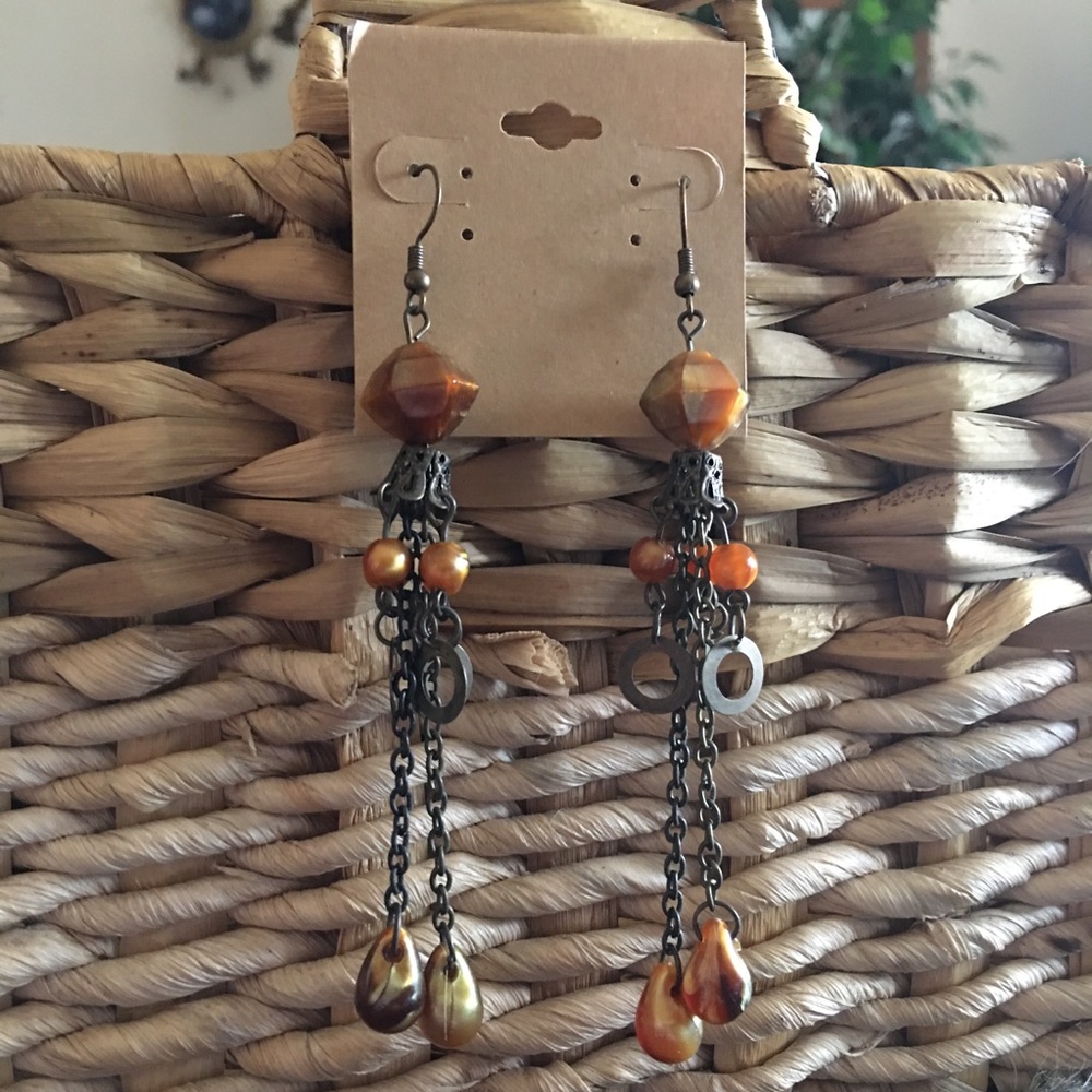 Vintage brass tone beaded chandelier earrings